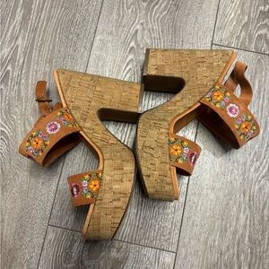 Embroidered Cork Wedge Sandals - Tan